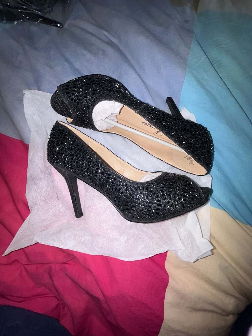 Lauren Lorraine Black Crystal Embellished Peep Toe Heels Size 8